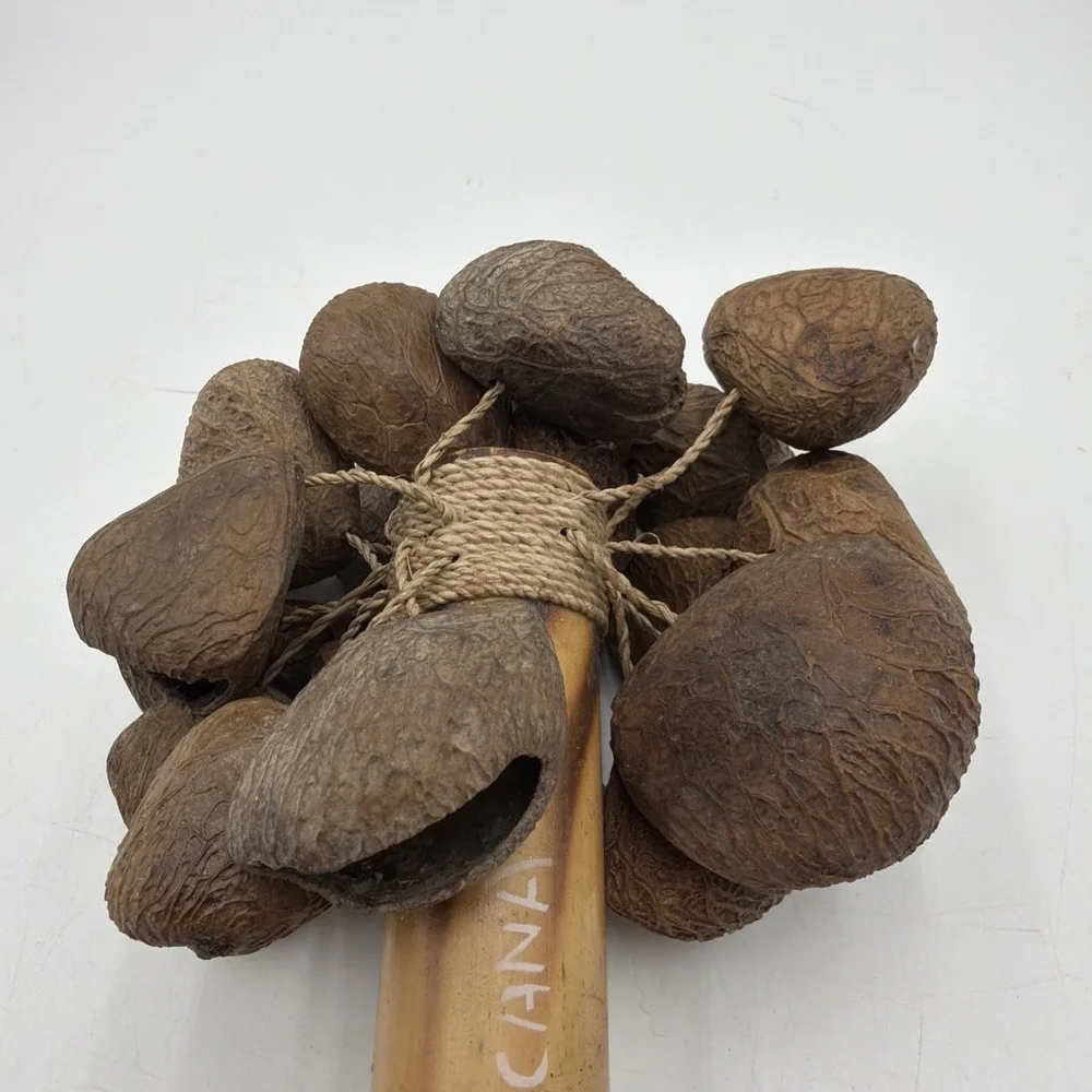 Vintage Natural Seed Pod Rattle Shaker Wooden Handle Percussion Instrument Folk